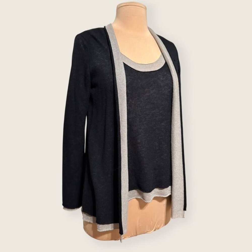 Eileen Fisher Layered Knit Set XSP Black Taupe Top Tank Sweater Cardigan EUC